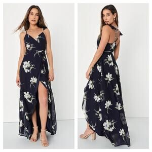 Lulu's All Mine High-Low Wrap Dress M Navy Blue Floral Print Maxi Ruffle Strap